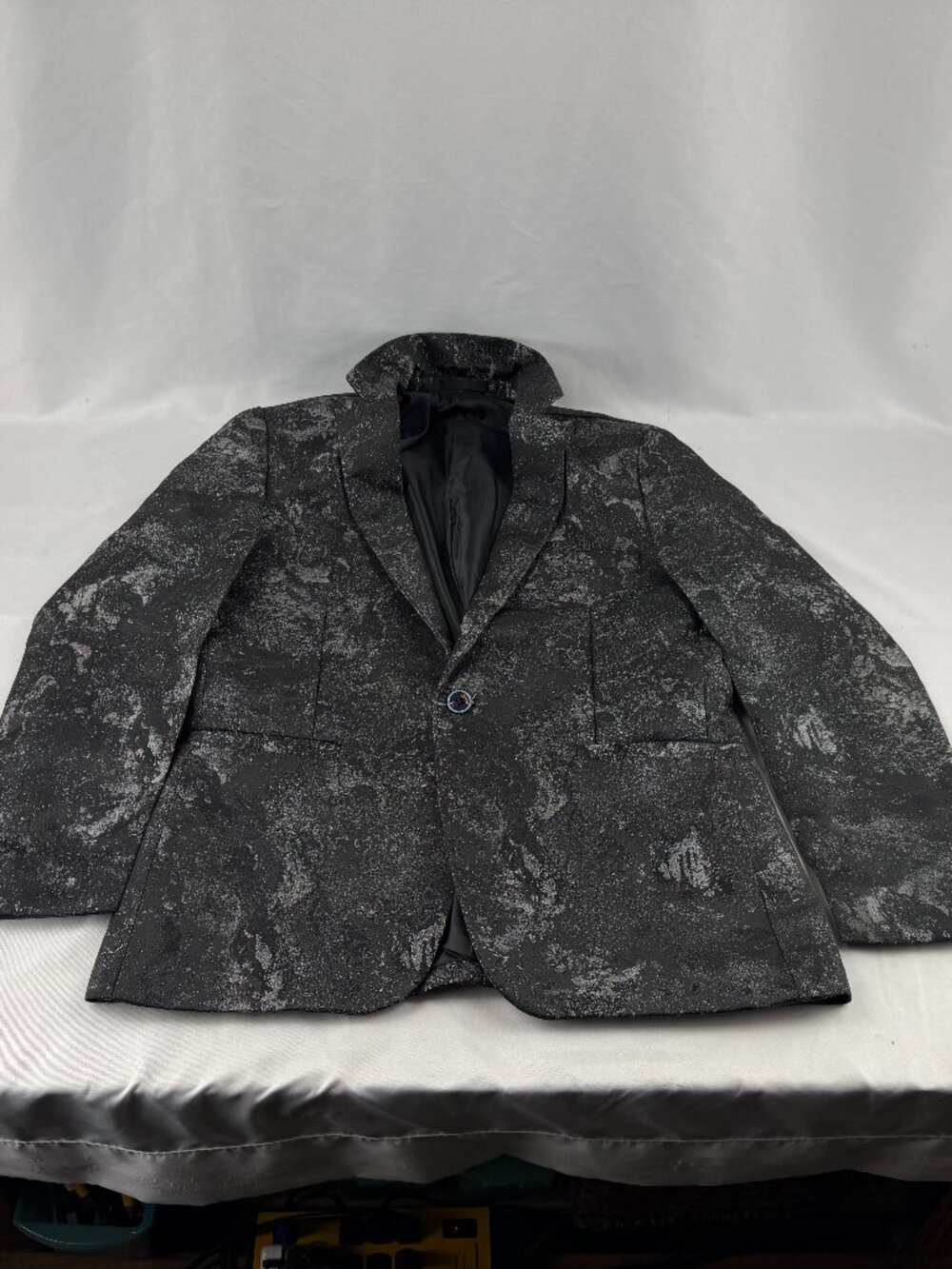 Classic Black Silver Glitter Shimmer Metallic Tuxedo Blazer Jacket Size XL